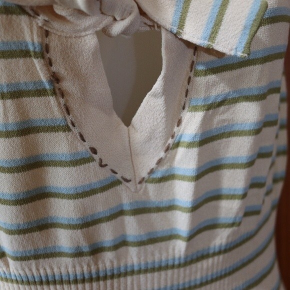 Nanette Lepore Cream Green Blue Stripe Sleeveless Bow Top Large Soft Chic Style - Picture 13 of 16